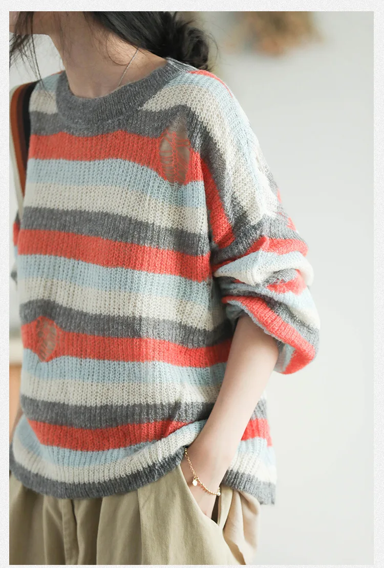 Autumn Sweater Women Fashion Large Size Knitting Loose Pullovers 2019 New Female Tops O-Neck Long-sleeved Striped Hole | Женская одежда