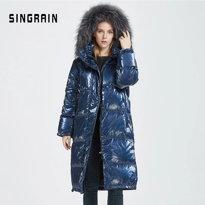 SINGRAIN женский длинный пуховик с воротником из натурального меха енота теплое