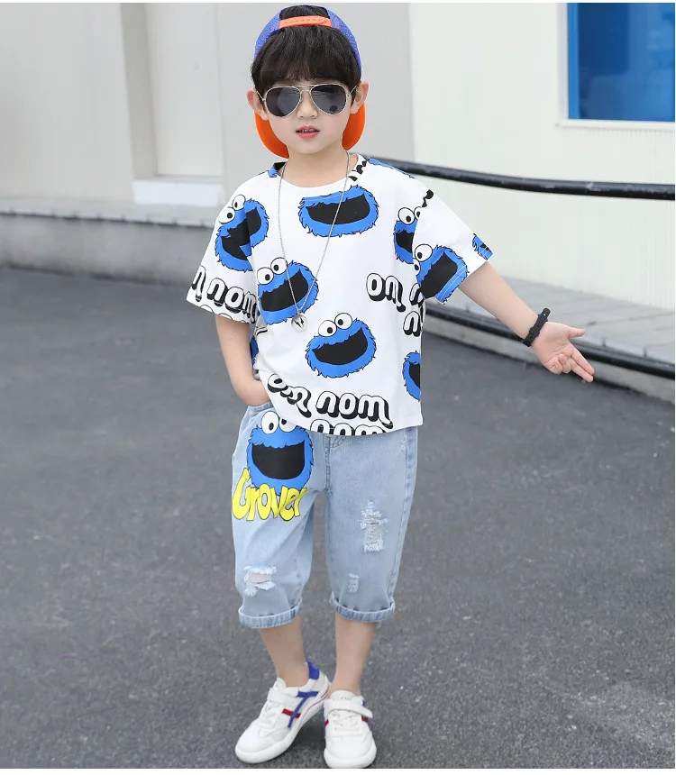 

Children's Summer Suit 2021 New Cartoon Clothes Kids Korean Short-sleeved Shirt Jeans Boy Clothes BT34