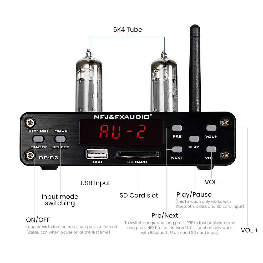 FX-Audio DP-02 Mini Hi-Fi предусилитель 6K4 Tube Bluetooth Аудио Стерео с дистанционным управлением