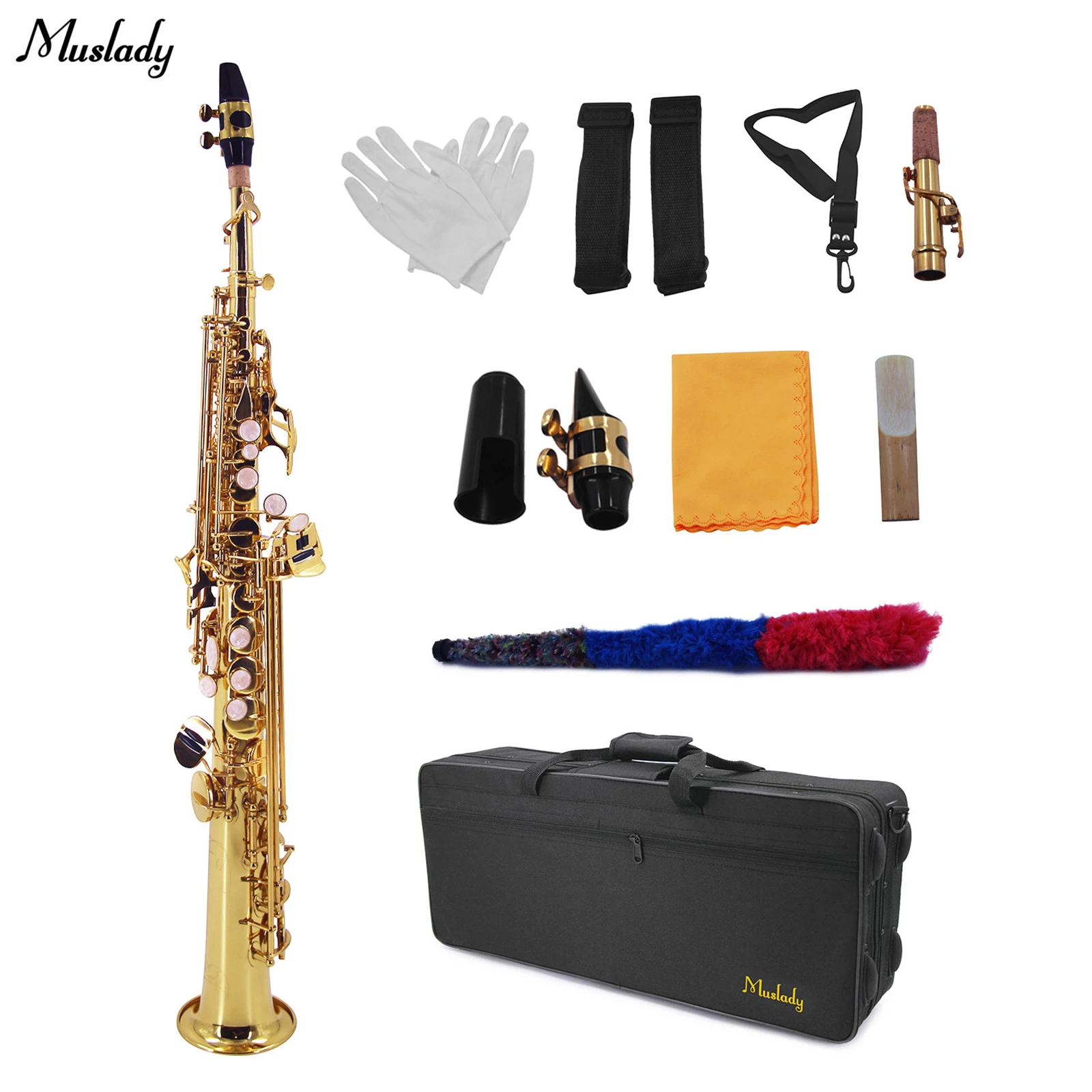 

Muslady Straight Bb Soprano Saxophone Brass sax Woodwind Instrument with Carrying Case Reed Cleaning Brush Cloth Gloves Straps