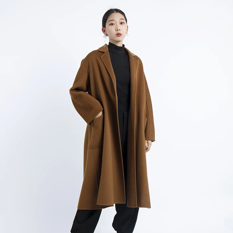 

2020 Spring Autumn Winter Casual women loose plus size Wide Lapel Belt Pocket wool coat long style outwear clothes