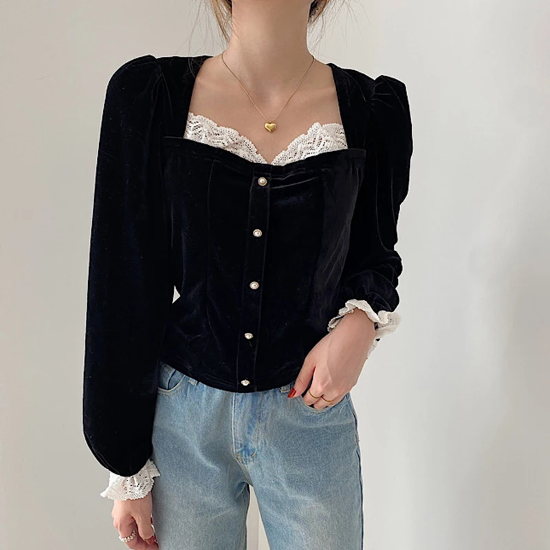 

Квадратный воротник кружева лоскутное бархатная блуза Женский, черный рубашки для мальчиков с длинными рукавами на весну Топы элегантное в...