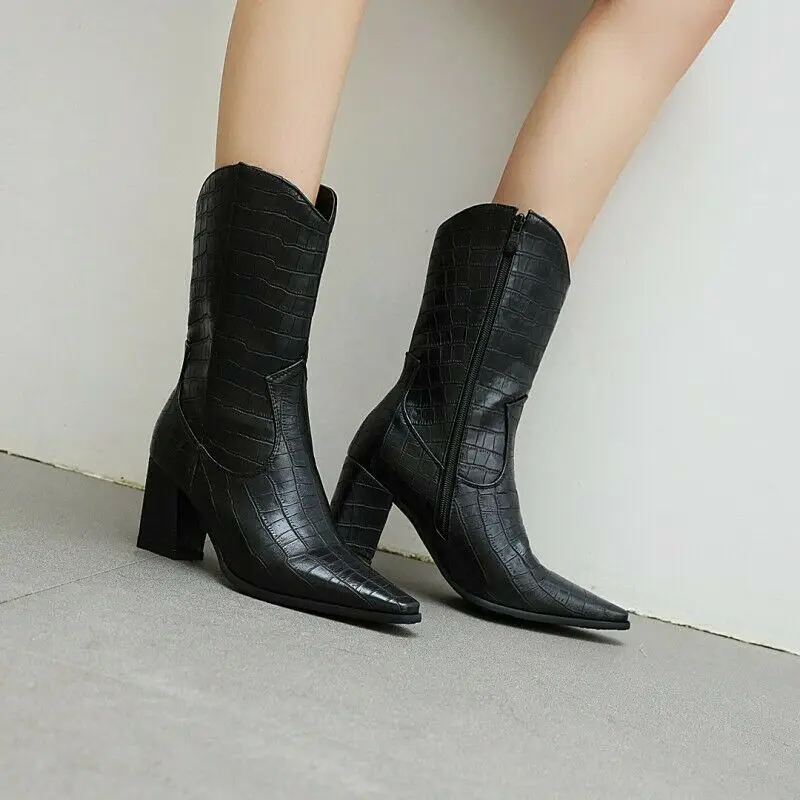 

Cowboy Women Square Toe Block Heel Ankle Boots Crocodile Print Shoes Plus Size