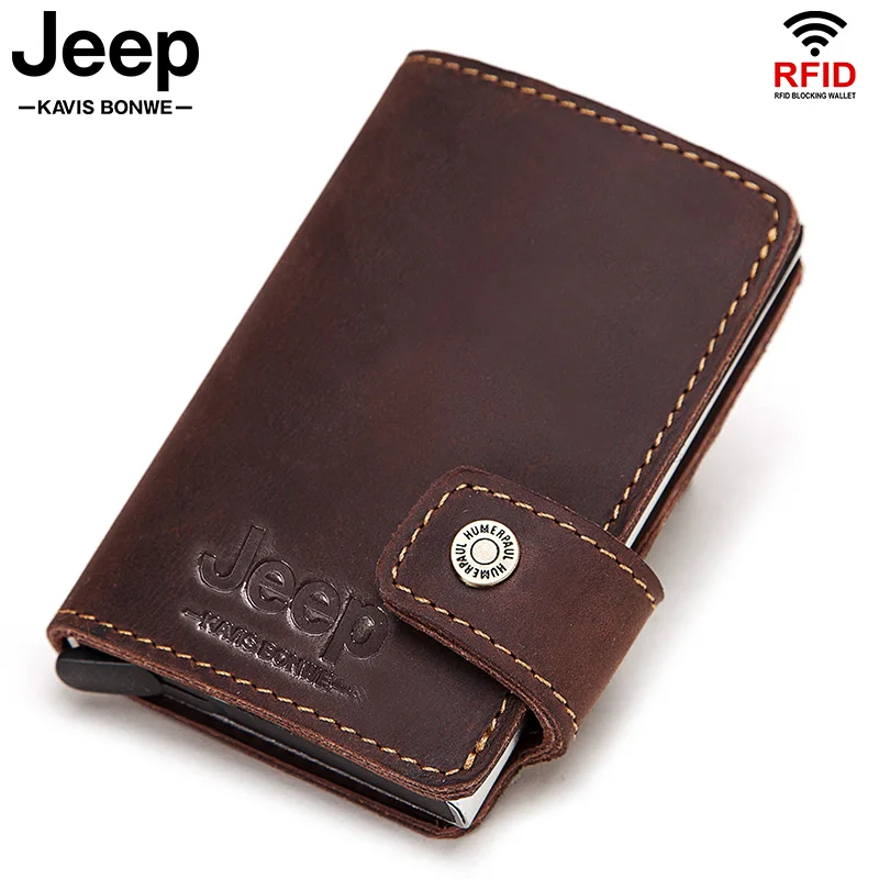 

Credit Card Holder Crazy Horse Leather Men Slim Anti Protect Travel ID Cardholder Rfid Aluminium Wallet Metal Case Porte Carte