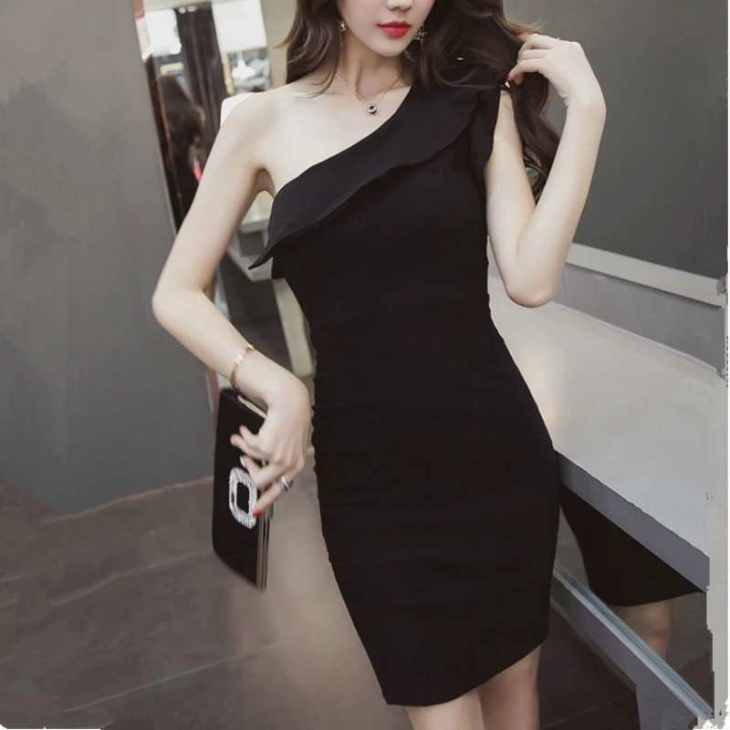 Ladies Sleevelss Sheath Ruffle Wrap Black Mini Dress Women Sexy Dinner Dresses for Women Red One-Shoulder Evening Party Dress