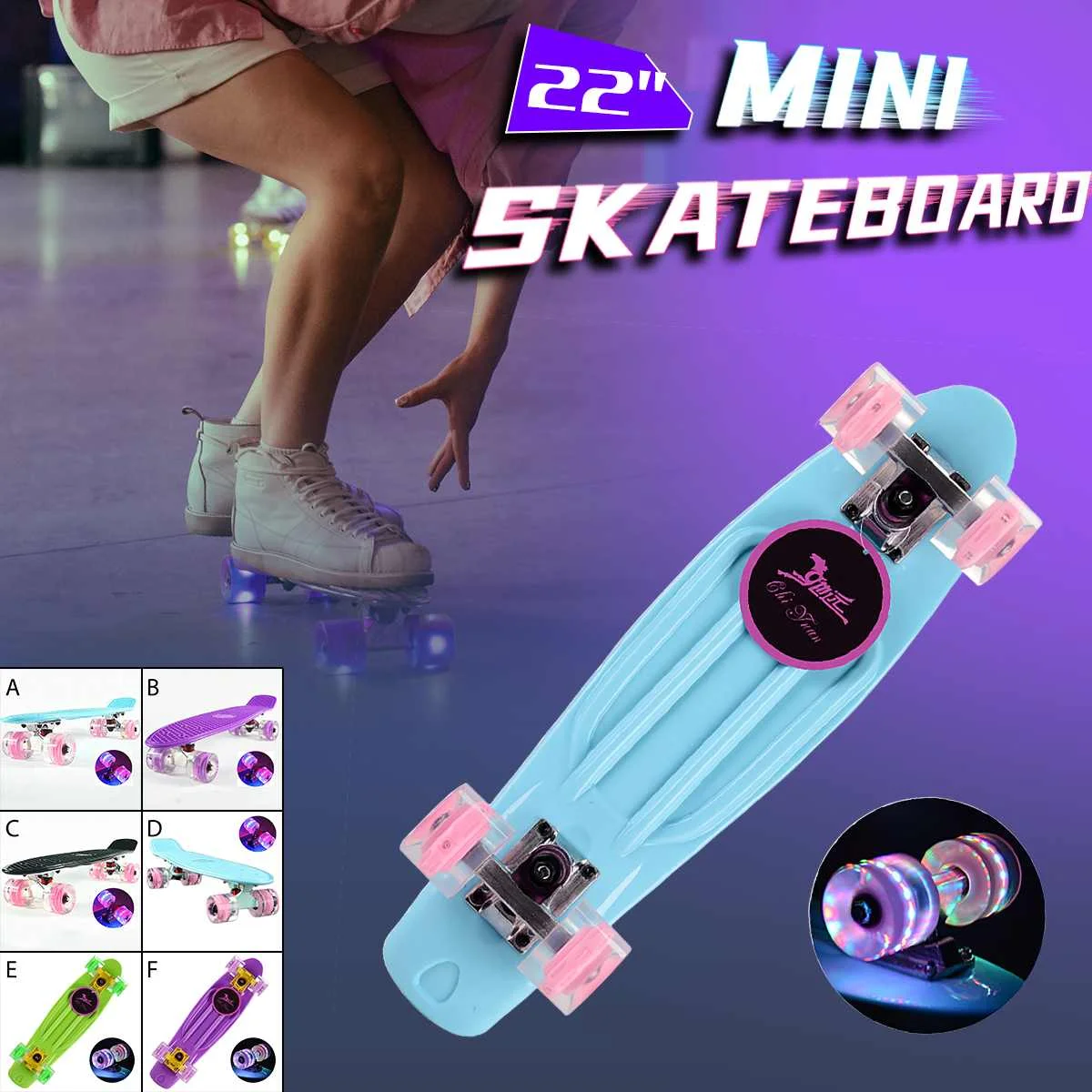 

Скейтборд с мигасветильник, маленький скейтборд, пластиковый Лонгборд, четыре колеса, Уличный спорт для девочек и мальчиков, 22 дюйма