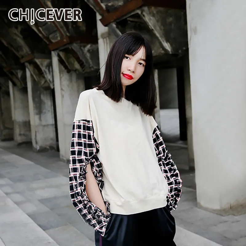 Женский свитшот в клетку с круглым вырезом и длинным рукавом|Женские толстовки