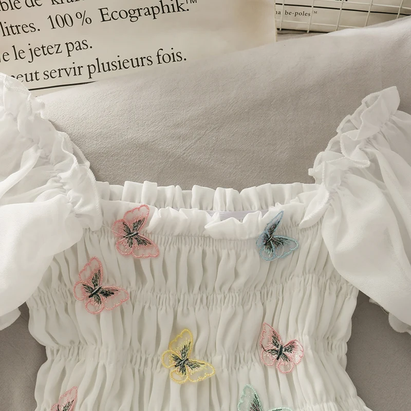 

TVVOVVIN Short Sweet Women Blouses Short Sleeve Slash Neck 2021 Summer Blusas Mujer Pleated Slim Korean Shirts Tops Ruffles 2P9V
