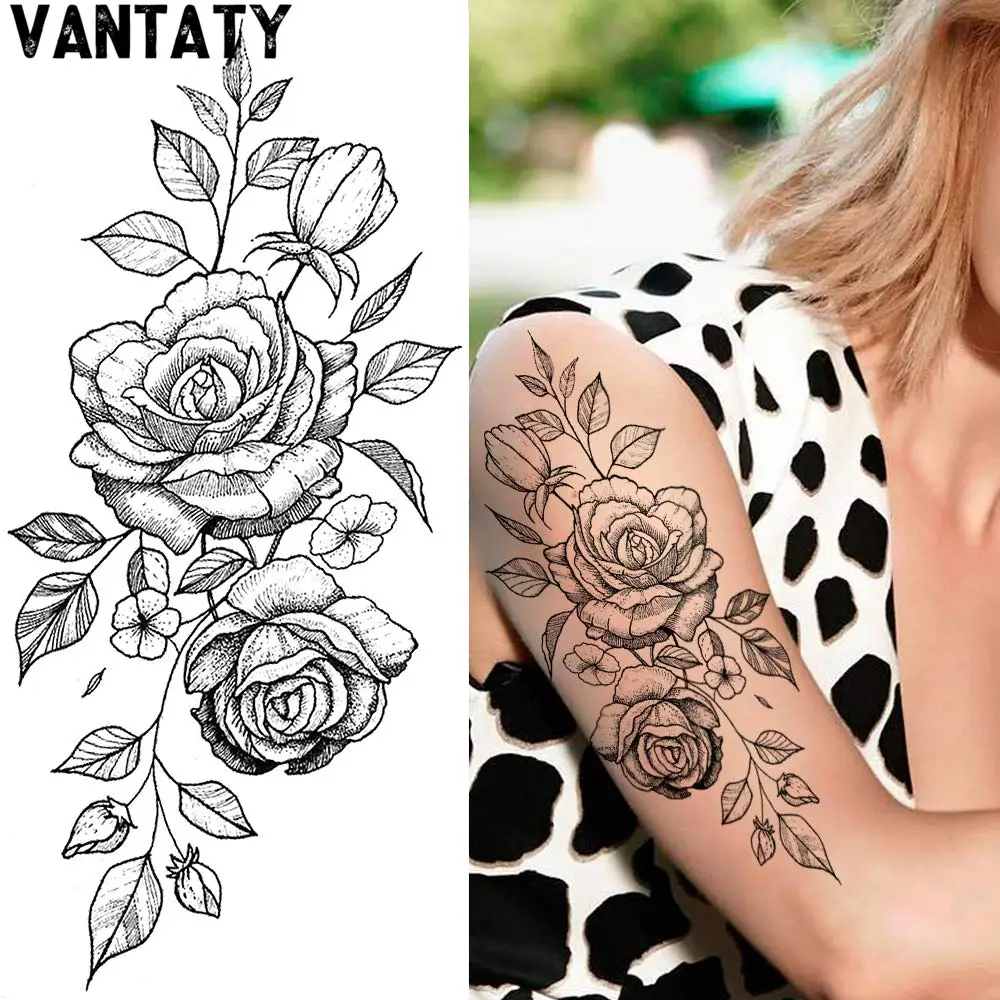 3D Black Flower Rose Temporary Tattoos For Women Waterproof Fake Body Art Arm Sketch Tattoo Stickers For Girls Decorative Tattoo