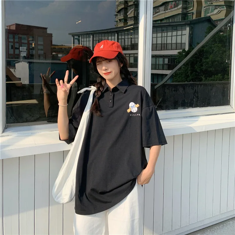 

Polo Shirt Women Korean Style Loose Short Sleeves Cute Cartoon Graphic Tops Female Black Aesthetic HashMap Polo Shirt Clothing