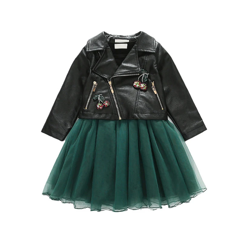 Весенне-осенний комплект одежды для девочек шорты кожаное пальто + платье