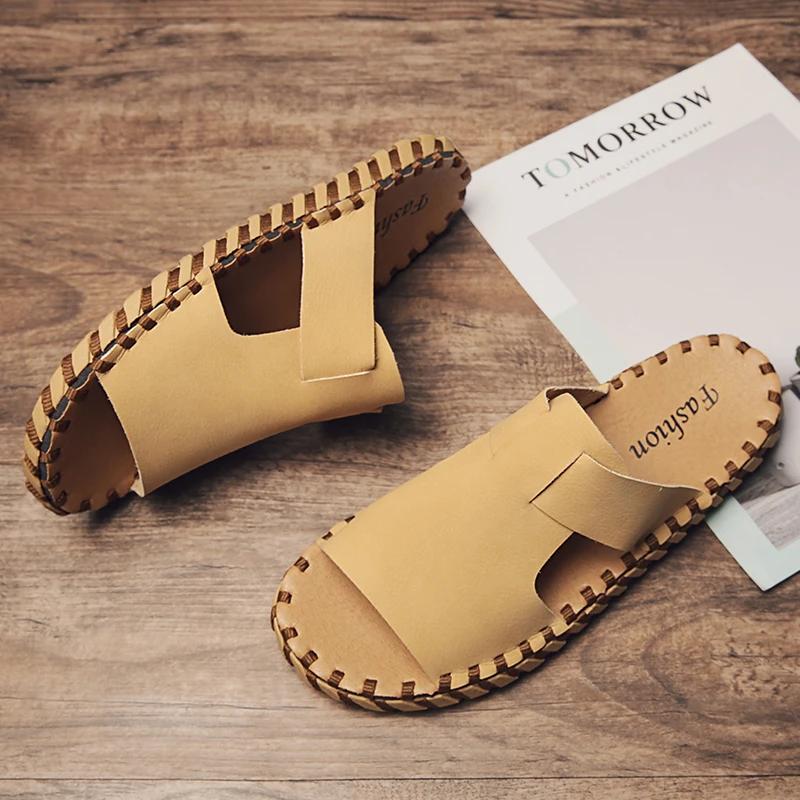 

New Summer Men Sandals Fashion Comfortable Soft Leather Slippers Casual Breathable Waterproof Flat Hiking Microfiber Sandals