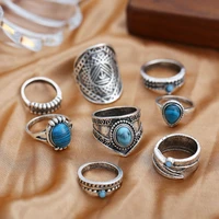 2021 women jewelry new carved inlaid gemstone joint ring 8 pcsset