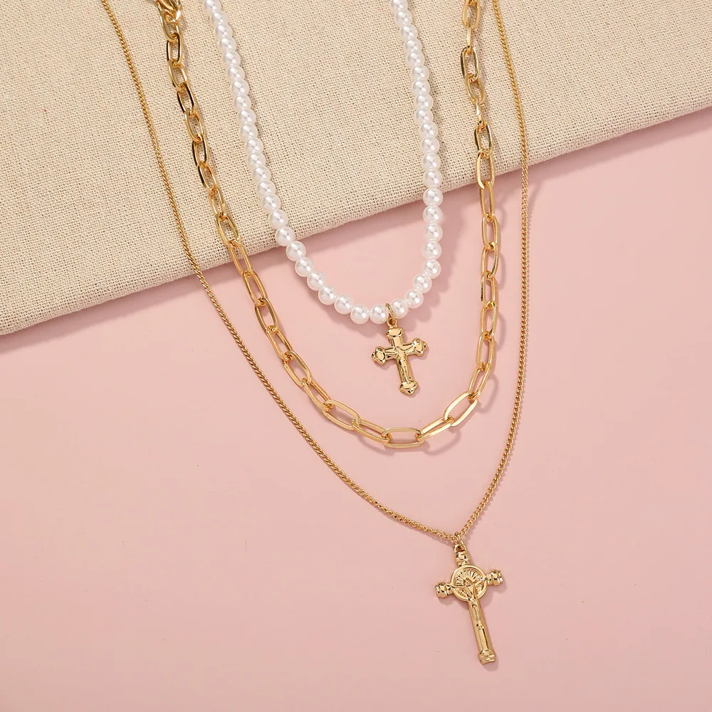 

2021 Fashion Multilayer Cross Necklaces for Women Gold Color natural Pearl Rhinestone Choker Summer Beach Baroque Party Jewelry