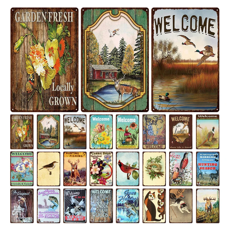

Табличка с Естественным ландшафтом в стиле ретро, птицы и кошки, цветок, металлические жестяные знаки, печатный Железный фотопостер для дом...