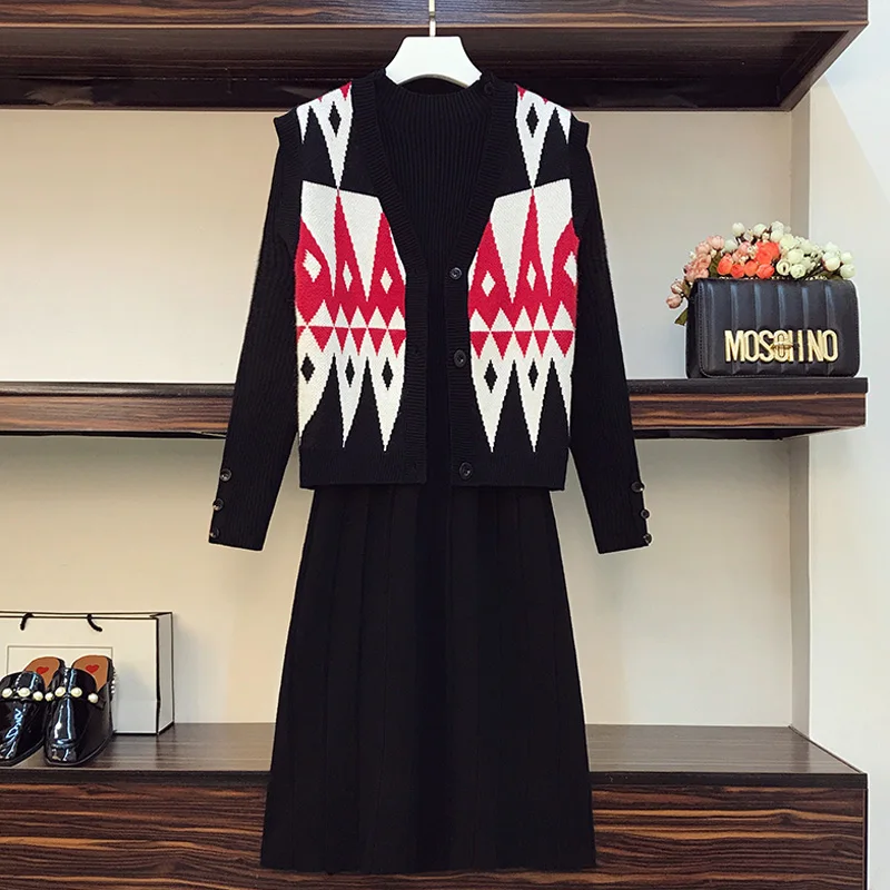 

Women Winter Warm Knit Suit Tracksuit Colors Vest Tops And Long Sleeve Black Midi Dress Matching Outfit Plus Size Two Piece Set