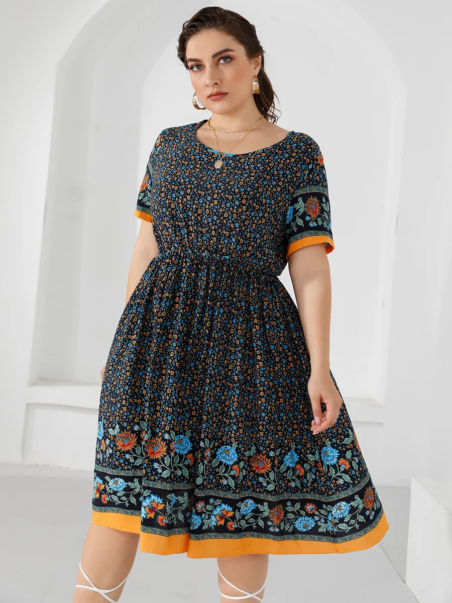 

Женское Повседневное платье с коротким рукавом, с цветочным принтом и высокой талией