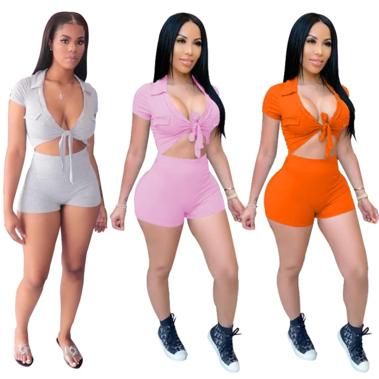 

s-2xl summer fashion short suit solid color casual V neck top and shorts two piece set women Wholesale Dropshipping