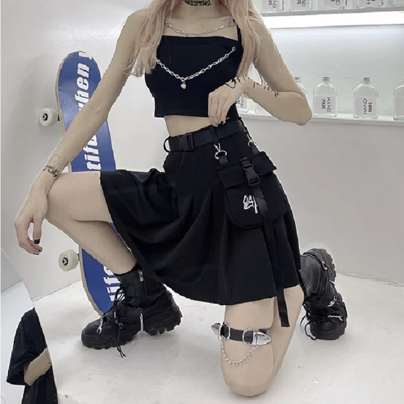 

Summer Dark Black Japanese Jk Short Skirt With Bag Female High-Waisted Thin A-Line Black Tooling Skirt Conjunto Verano Mujer