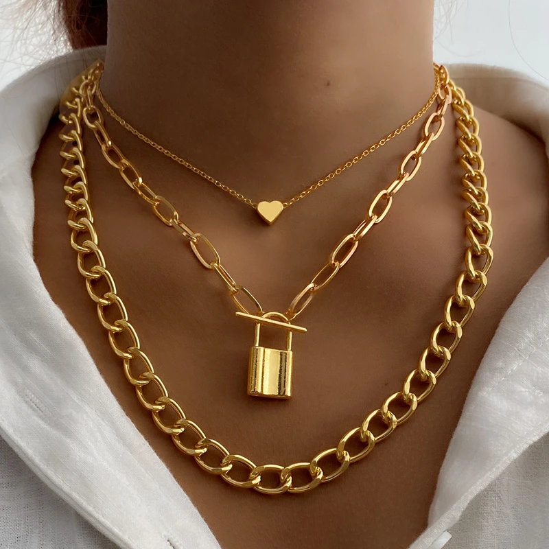 

VKME Gothtic Gold Lock Chunky Chain Necklace For Women Big Chain Unlockable Lock Key Heart Pendant Necklaces Exaggerated Jewelry