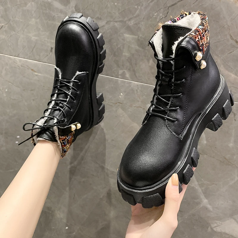

2021 Winter New Women's Fashion Nude Boots Solid Color Round Head Square Heel Lace-up Outdoor Non-slip Comfortable Casual Boots