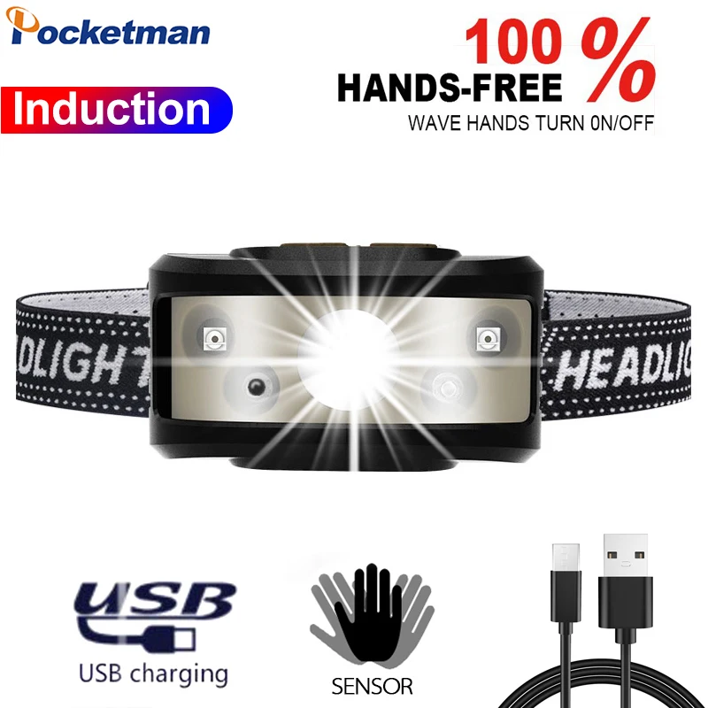 

20000LM Powerful Motion Sensor Headlamp Waterproof Headlight USB Rechargeable Head Lamp Sport Head Light Head Front Light