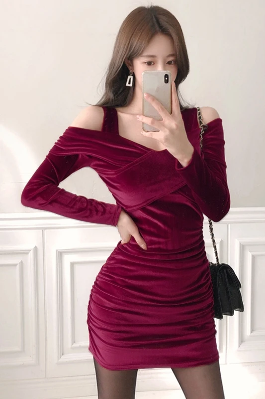 

COIGARSAM Fashion Full Sleeve Women dress New Spring Sexy Sheath V-Neck Dresses Wine Red Black 5182
