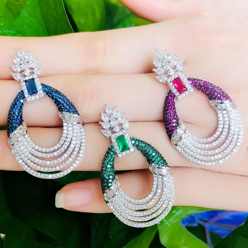 CWWZircons дизайнерские микро Pave CZ зеленый синий сапфир серебро Длинные круглые Висячие роскошные свадебные серьги для женщин CZ602