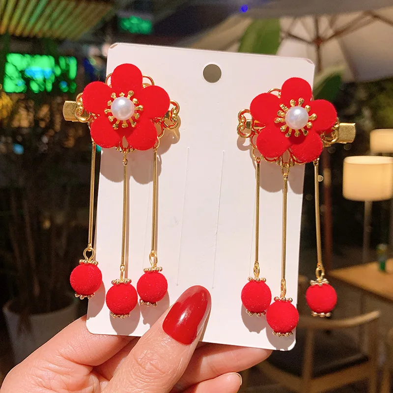 

2021 New Year Chinese Style Children's Headdress Hanfu Ancient Style Hairpin New Year Red Hair Ball Hair Accessories Girls Baby