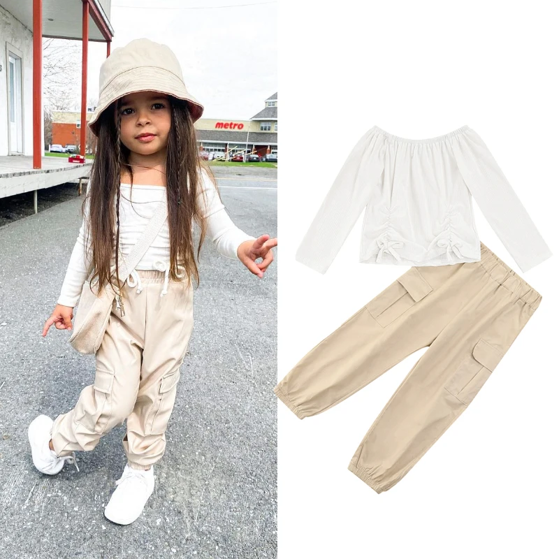 

Комплект одежды для маленьких девочек из 2 предметов с длинным рукавом, рубашка в рубчик с открытыми плечами и шнуровкой и брюки-карго, спорт...