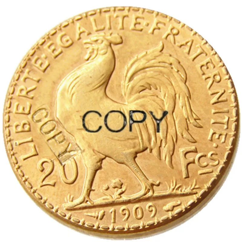 1909 Франция 20 Франк петух позолоченный копия монеты