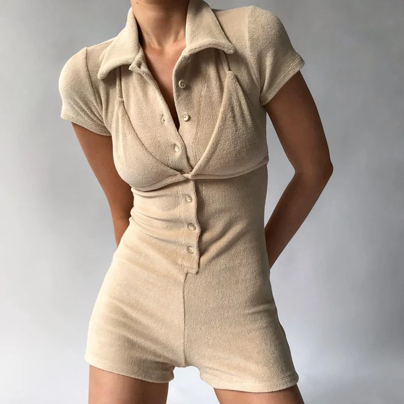 

Women Solid Color Overalls Khaki Short Sleeve Button-down Turn-down Collar Playsuits Ladies Sunmmer Casual Rompers