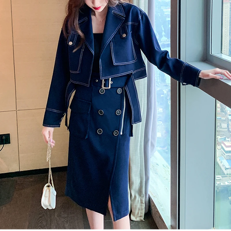 

New HIGH STREET Fashion 2021 Stylish Designer Runway Suit Sets Women's Big Pockets Short Jacket Button Belt Split Skirt Set