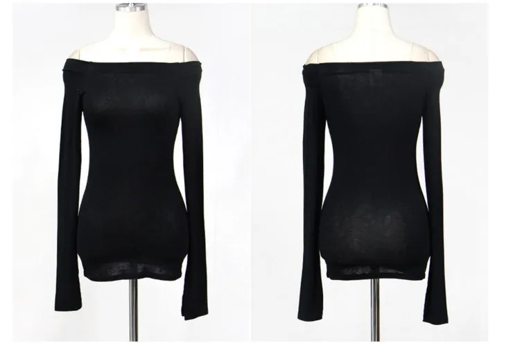 

New slash neck Basic sexy tops Casual Tee Femme Cotton solid Thin slim Top long sleeve female joker