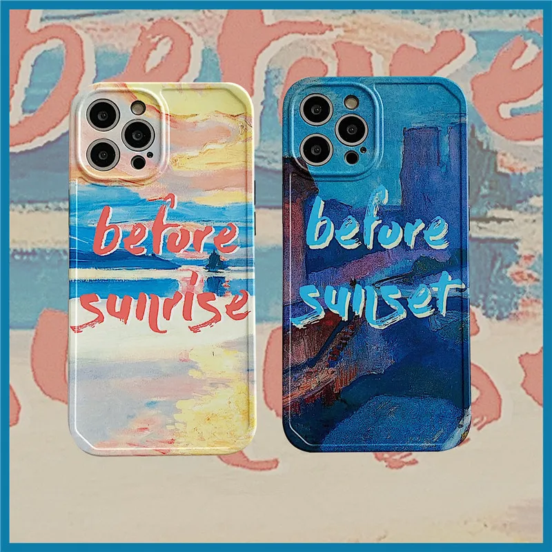 

Retro Sunset Dawn Abstract oil painting art Phone Case For iPhone 11 12 Pro Max Xr Xs Max 7 8 Plus X 7Plus case Cute Soft Cover