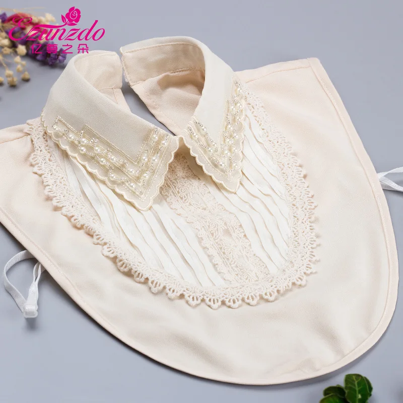 

Women White Handmade Beads Lapel Fake Collar Shirt Removable False Collar Detachable Shirt Collar Female Blouse Neckwear Tie