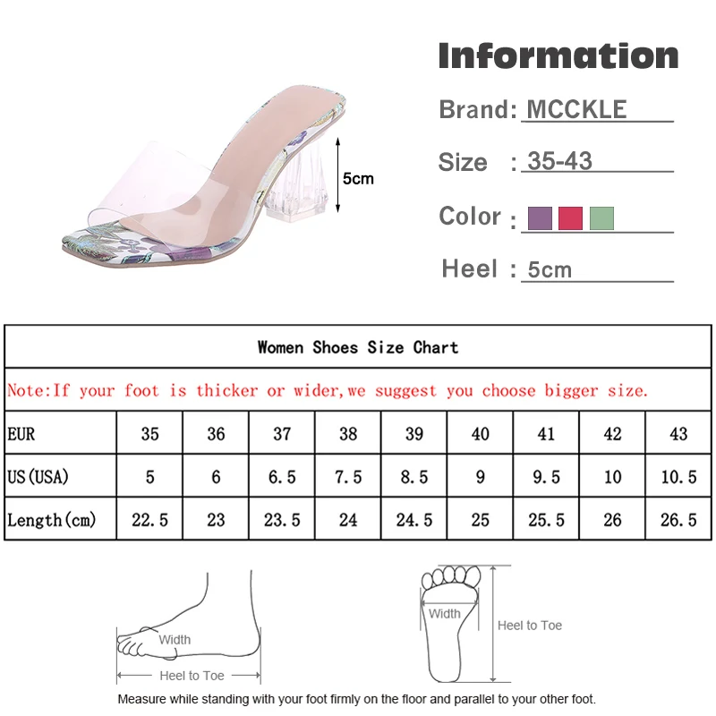 

Summer Women Slippers Transparent Heels Elegant Square Toe Print Fashion Female PVC Woman Casual Beach Shoes Ladies Sides