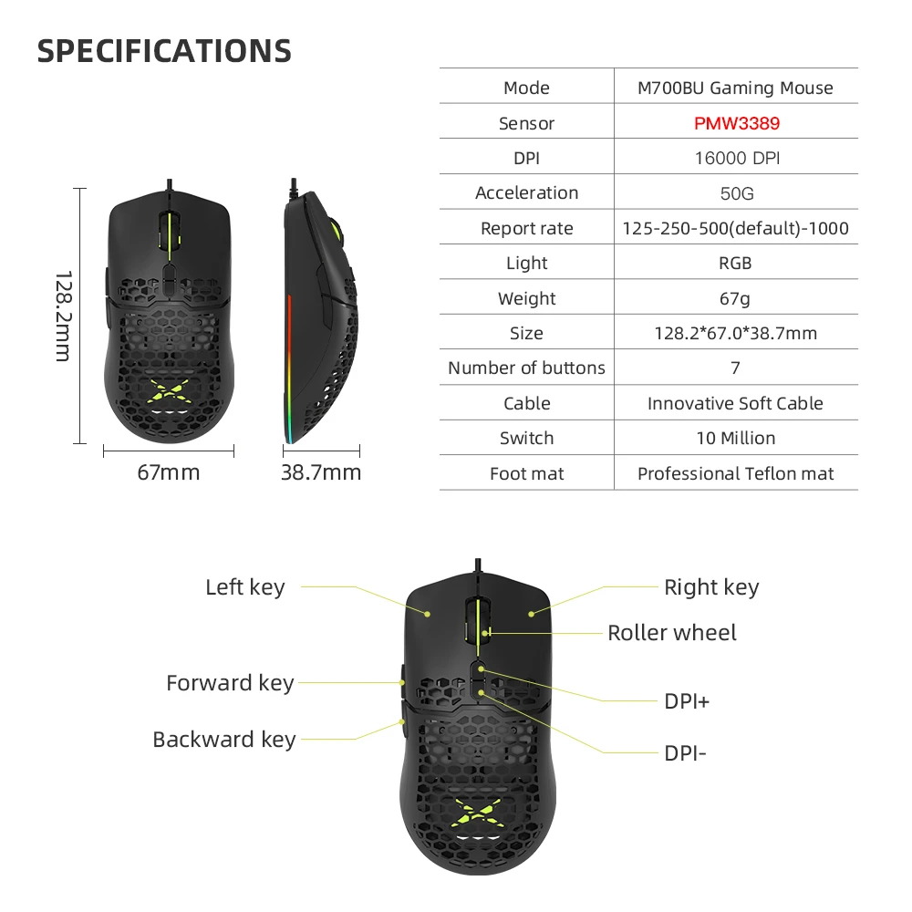 

Gaming Mouse 67g Lightweight Honeycomb Shell Ergonomic Mice with Soft rope Cable For Computer Gamer
