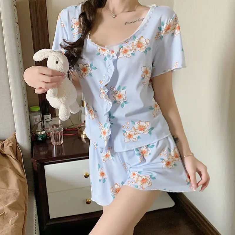 CAIYIER Summer Women Pajamas Set Korea Sweet Printing Sleepwear Short Sleeve Small Broken Flower Girl Lace Sexy Shorts Nightwear