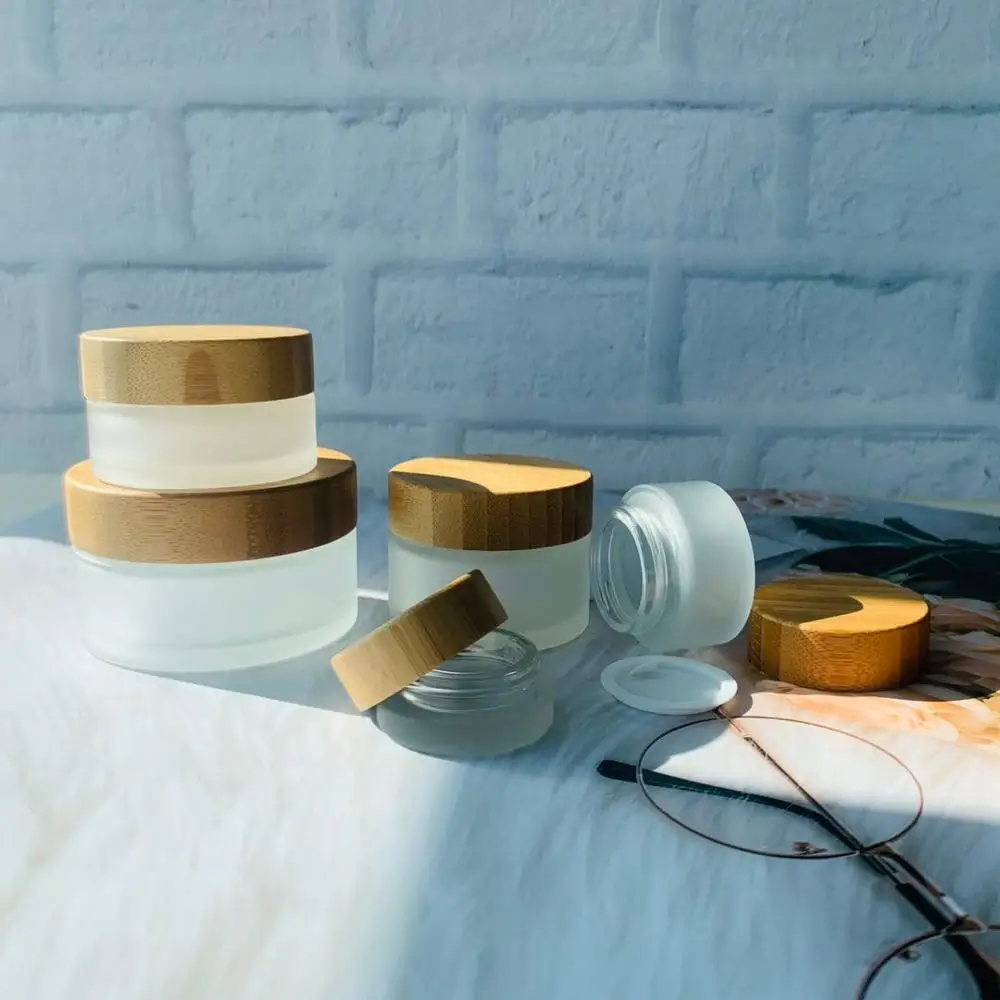 

72pcs/lot 100g Recycled Frosted Glass Jars Natural Bamboo Cosmetic Packaging cute makeup container jars for cosmetics