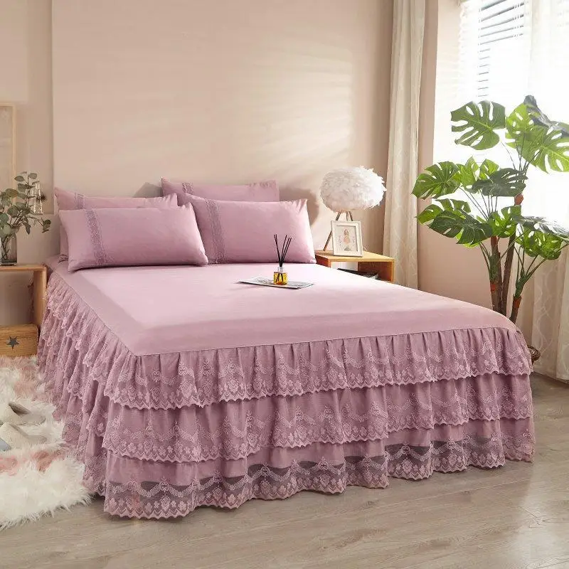 

Luxury Soild Princess Bed Skirt Pillowcase Bed Set Ruffle Three Layers Lace Bedspreads Sheet Soft Fitted Sheet Cover HomeTextile
