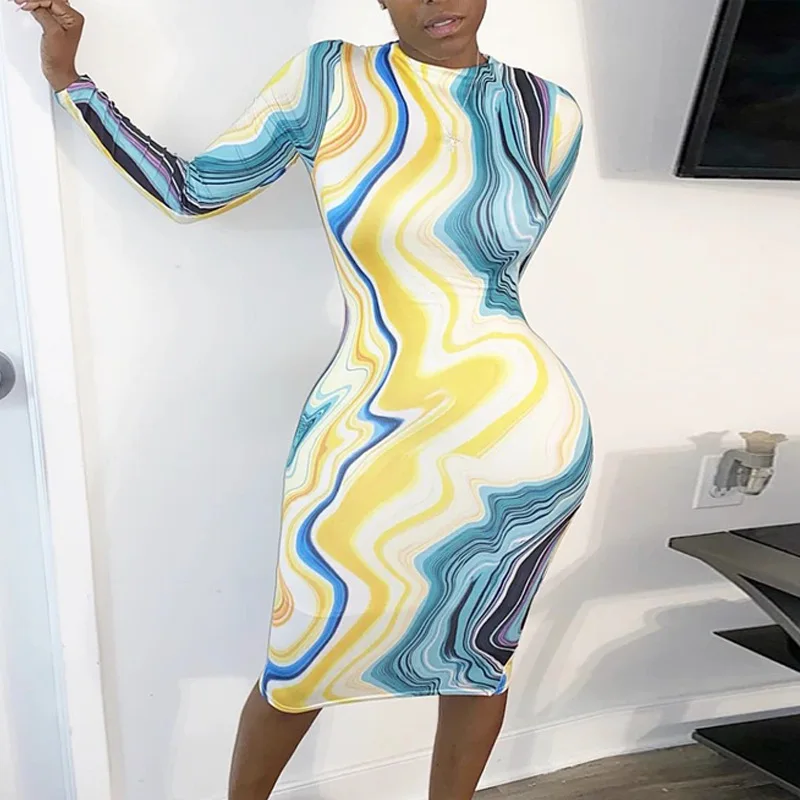 

Women Elegant Printed Long Sleeve Dres Round Neck Long Sleeve Abstract Stripe Party Dress