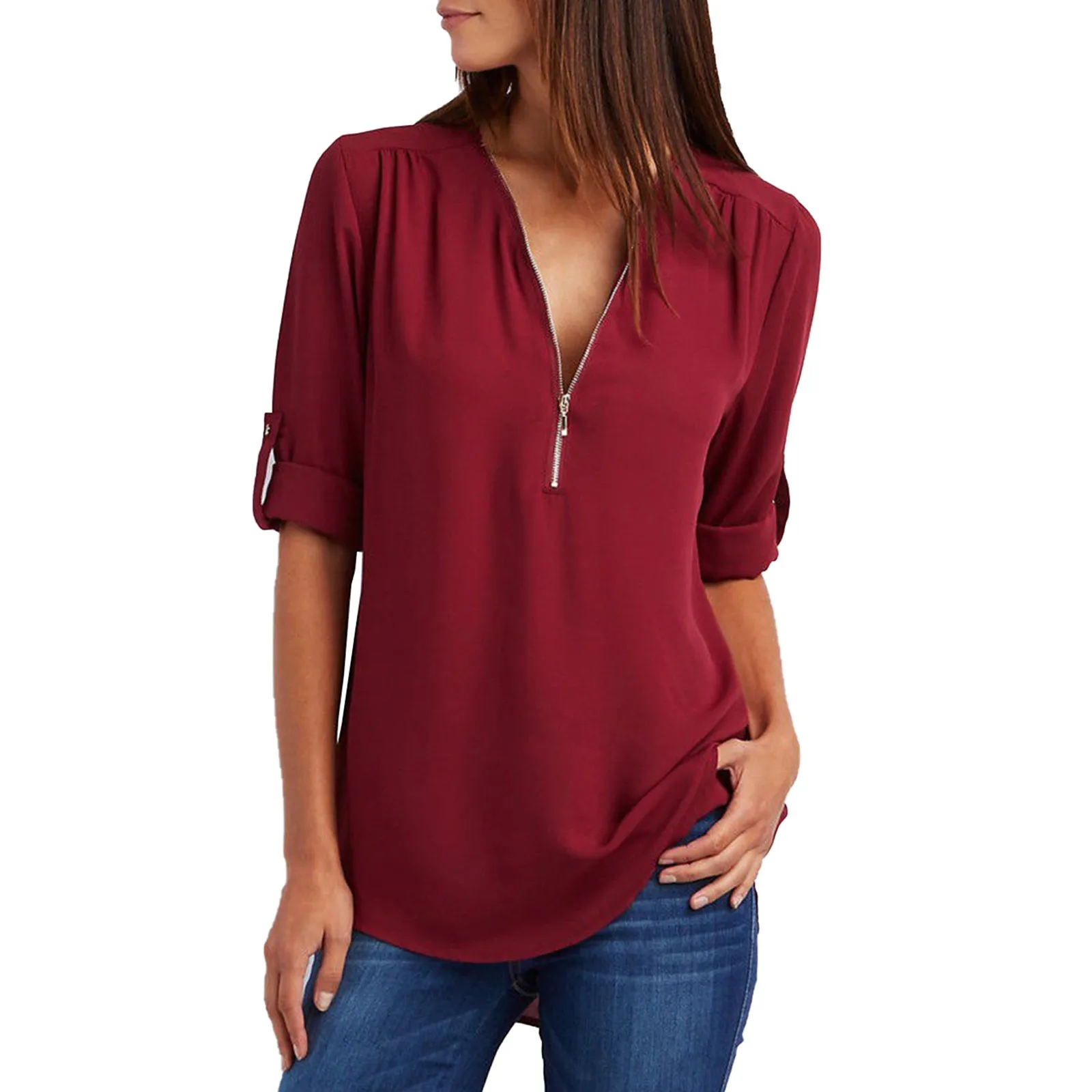 

5xl Plus Size Red Shirts For Office Shirts And Tops Korean Style Women's Zipper V-neck Casual Solid Tops Blouse Loose Shirt
