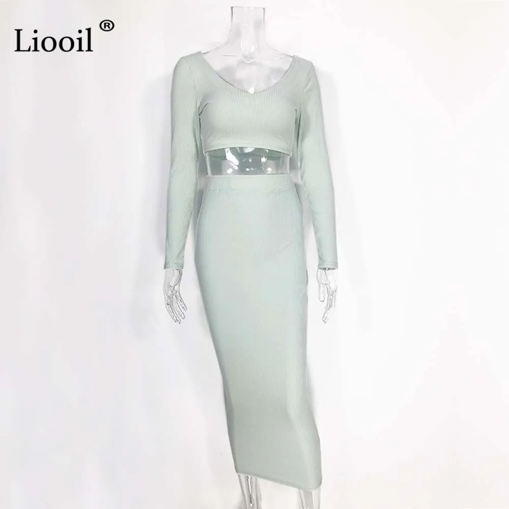 Белый 2 шт. трикотажный комплект короткий свитер Топ и Bodycon Юбка макси юбки для