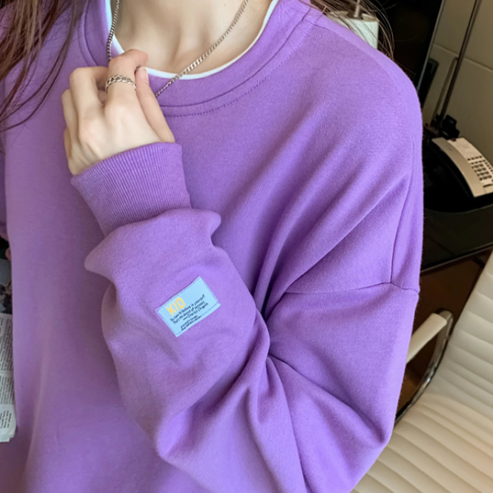 

Women Long Sleeve O Neck Fake Two Piece Thin Sweatshirt Loose Blouse Pullover