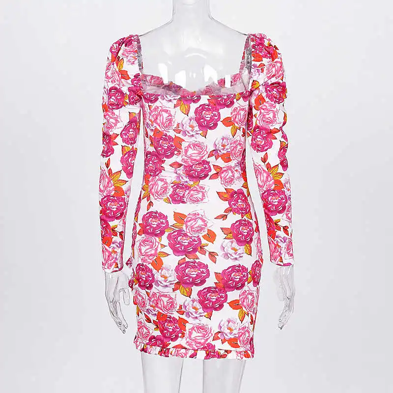

Garden Bodycon Party Dresses Women Sexy Square Collar Can Off Shoulder Ruffles Elegant Dress Vintage Floral Print Dress
