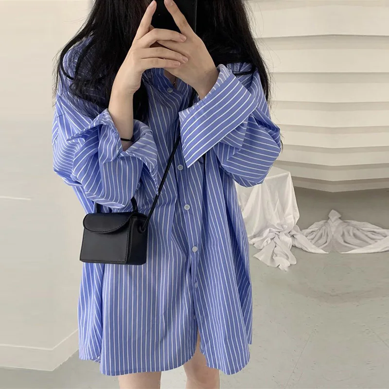 

Модная свободная Длинная Верхняя одежда в синюю полоску, Женский нишевой топ в стиле ретро для ранней осени