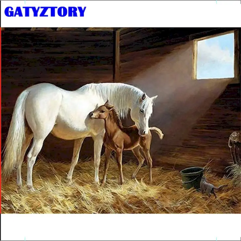 

GATYZTORY картины по номерам 60x75 см обрамленная Белая лошадь животных Цвет на холст Современная домашняя спальня украшения стены ремесла