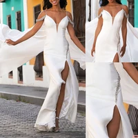 beaded white new evening dresses deep v neck spaghetti strap mermaid prom dress high split special occasion party